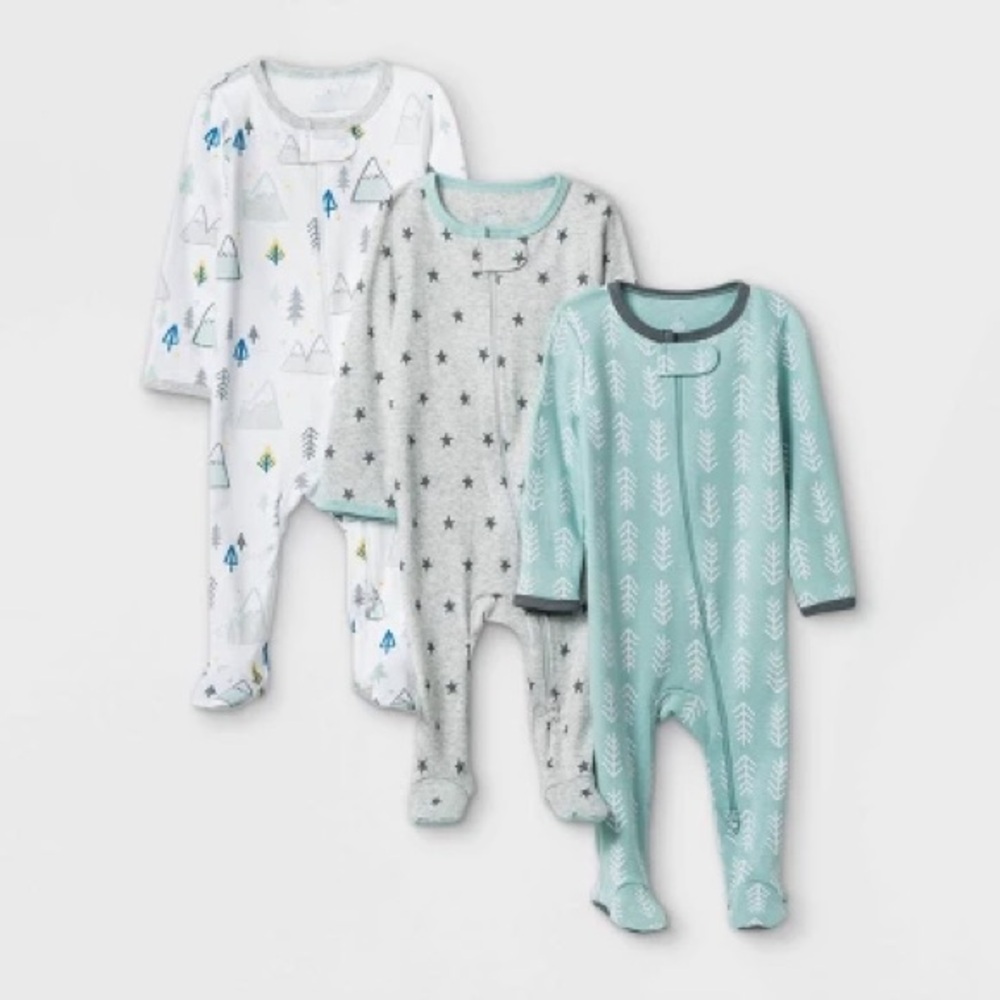 Cloud Island White/Gray/Mint 3pk Boys' 3pk Adventure Zip-Up Sleep N' Play 0-3M